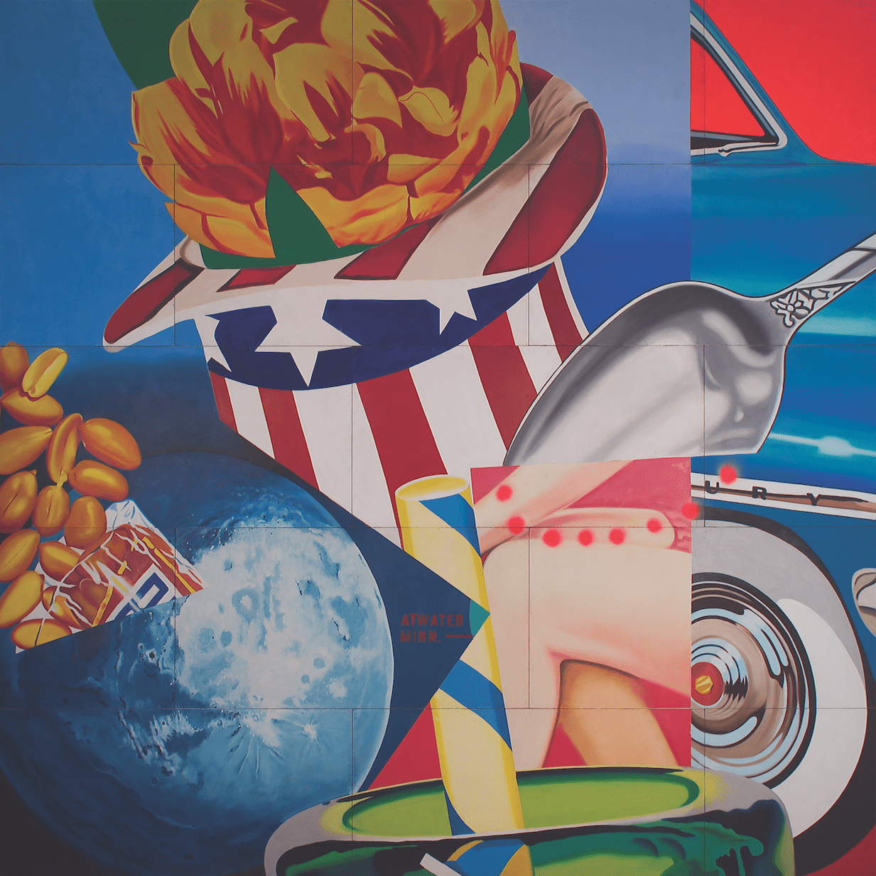 painting of american hat, flowers, spoon, the moon, and a car