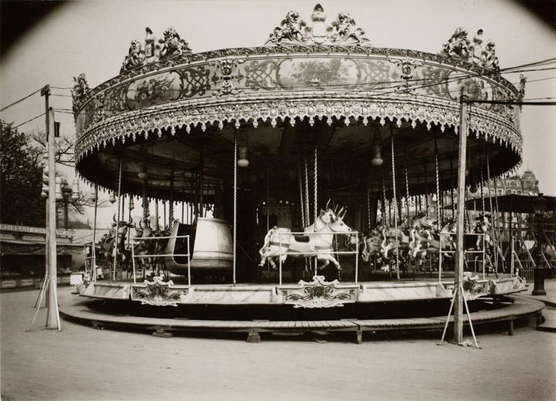 Black and white photo of a carousel