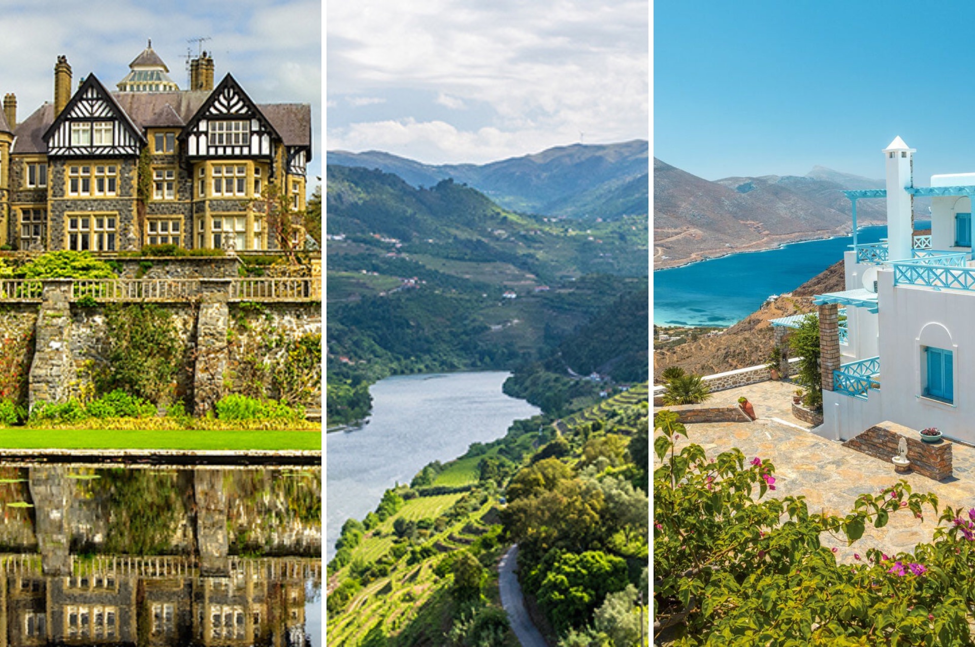 A collage of beautiful travel destinations. A verdant manor house, a fjord, and a white building near a bright blue body of water.