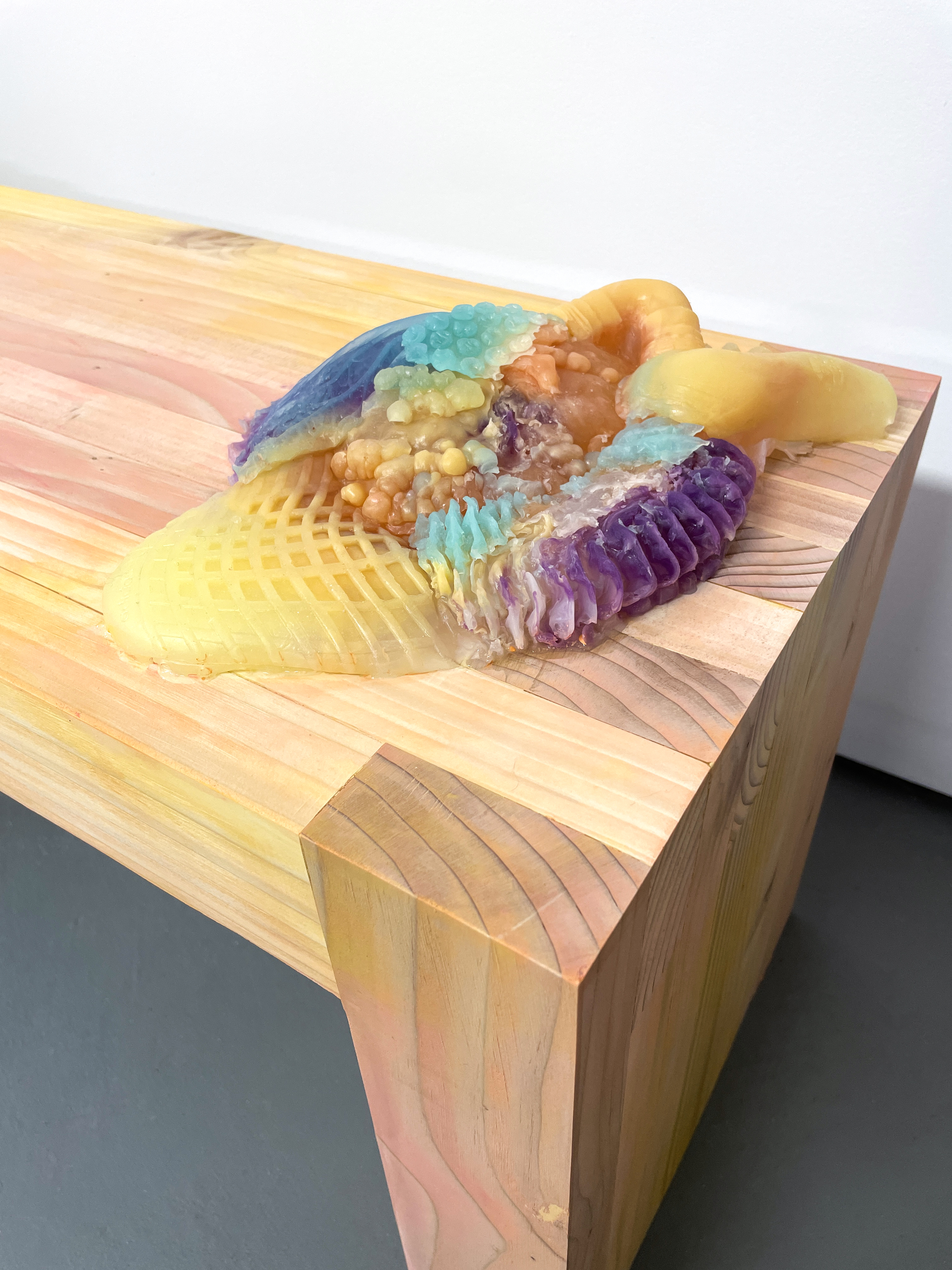 A jelly-like, multicolored amorphous sea-creature-like form sits atop a simple pine bench