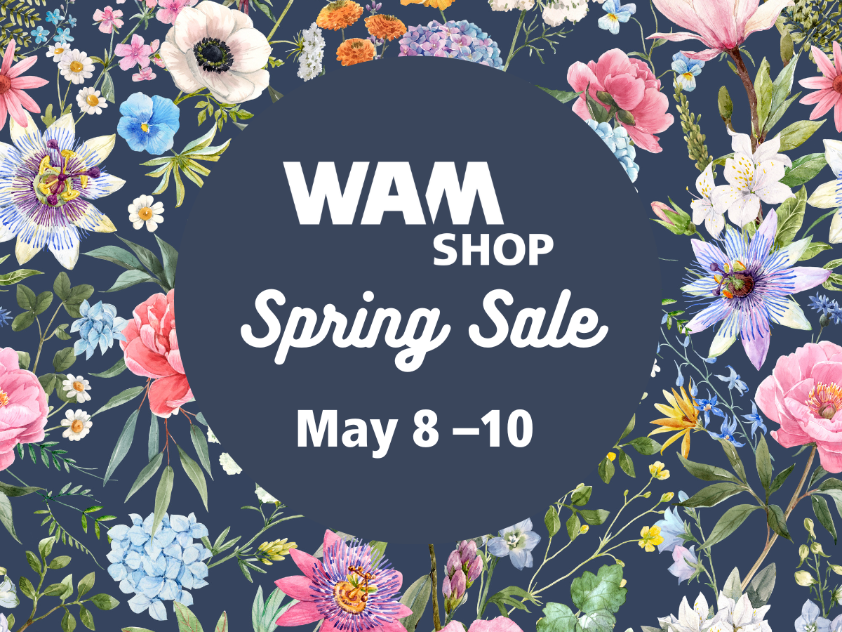 A vivid background of multicolored spring flowers with text overlaid reading WAM Shop Spring Sale May 8 - 10