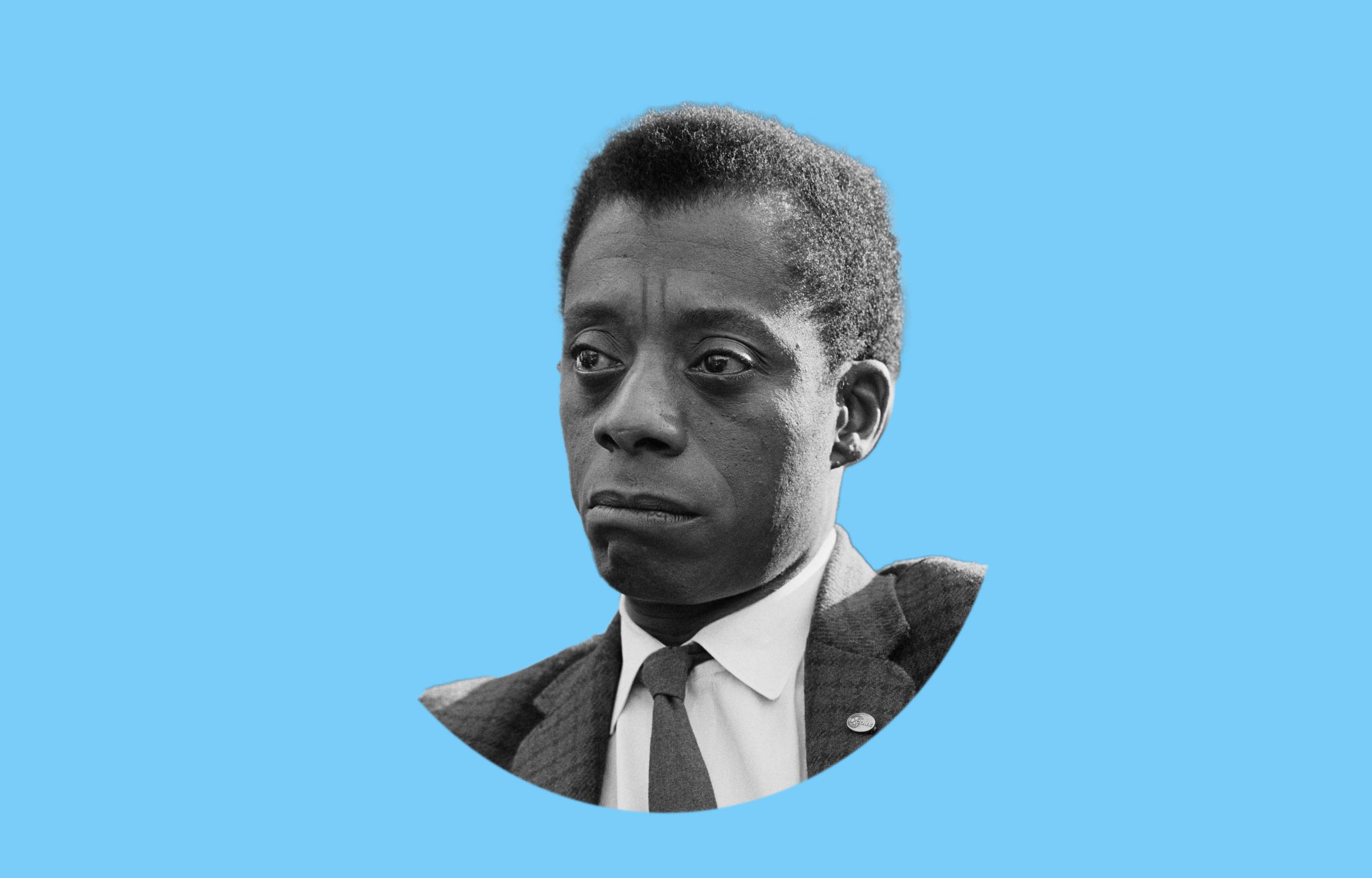 James Baldwin on a light blue background