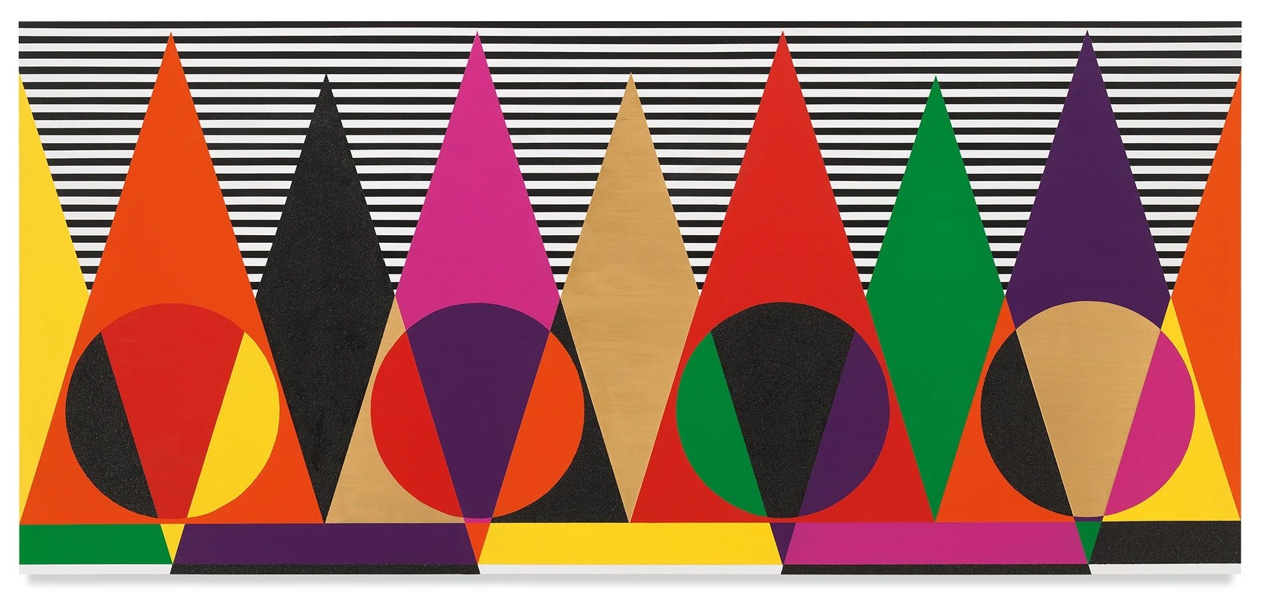 36 × 80 × 1 1/4 in. abstract painting dominated by triangles, circles, and rectangular shapes. The "background" of the composition is a black and white striped plane while the foreground features imposing triangular figures with circular "bellies". The composition makes prolific use of simultaneous contrast by employing highly saturated red, yellow, orange, green, and magenta colors next to each other.  