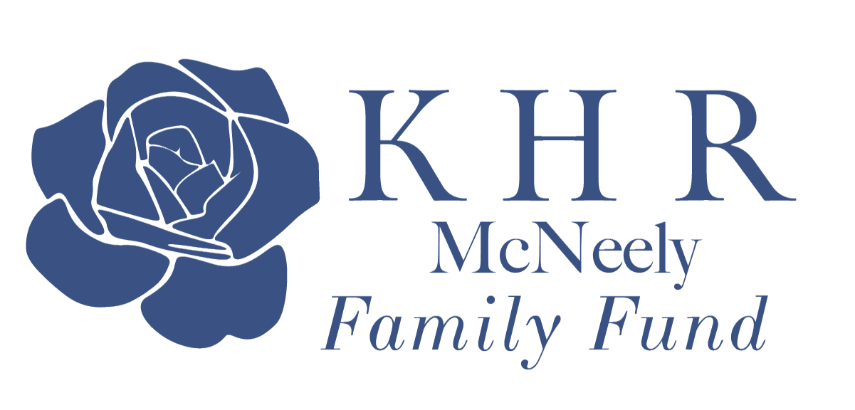 Logo for the KHR Family Fund in blue text with a blue rose on one side