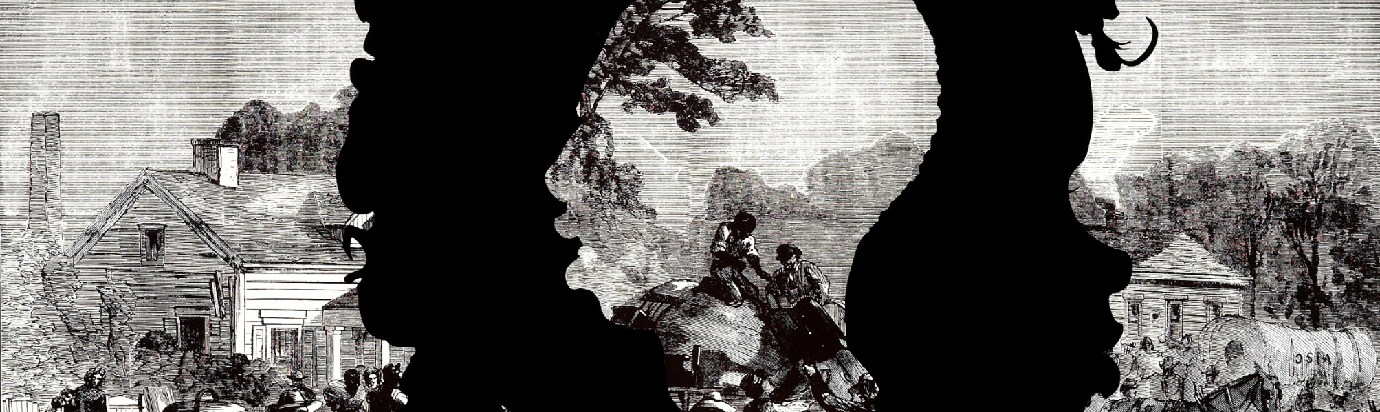 A black and white archival magazine illustration from the Civil War is overlaid by two faces in silhouette