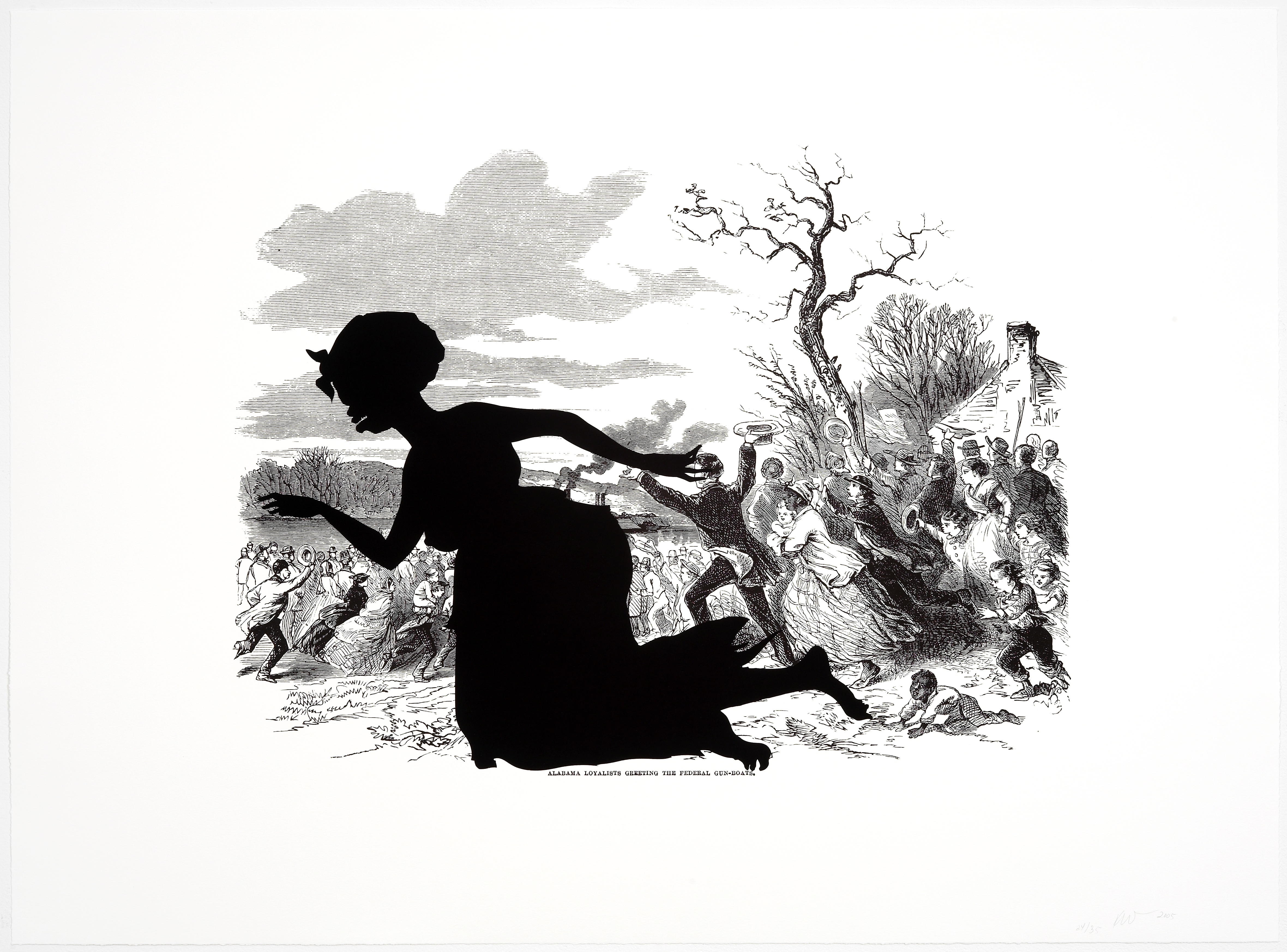 A silhouette of a person in a dress and bonnet depicted as if thrown or floating, overlaid on an illustration of a fleeing crowd