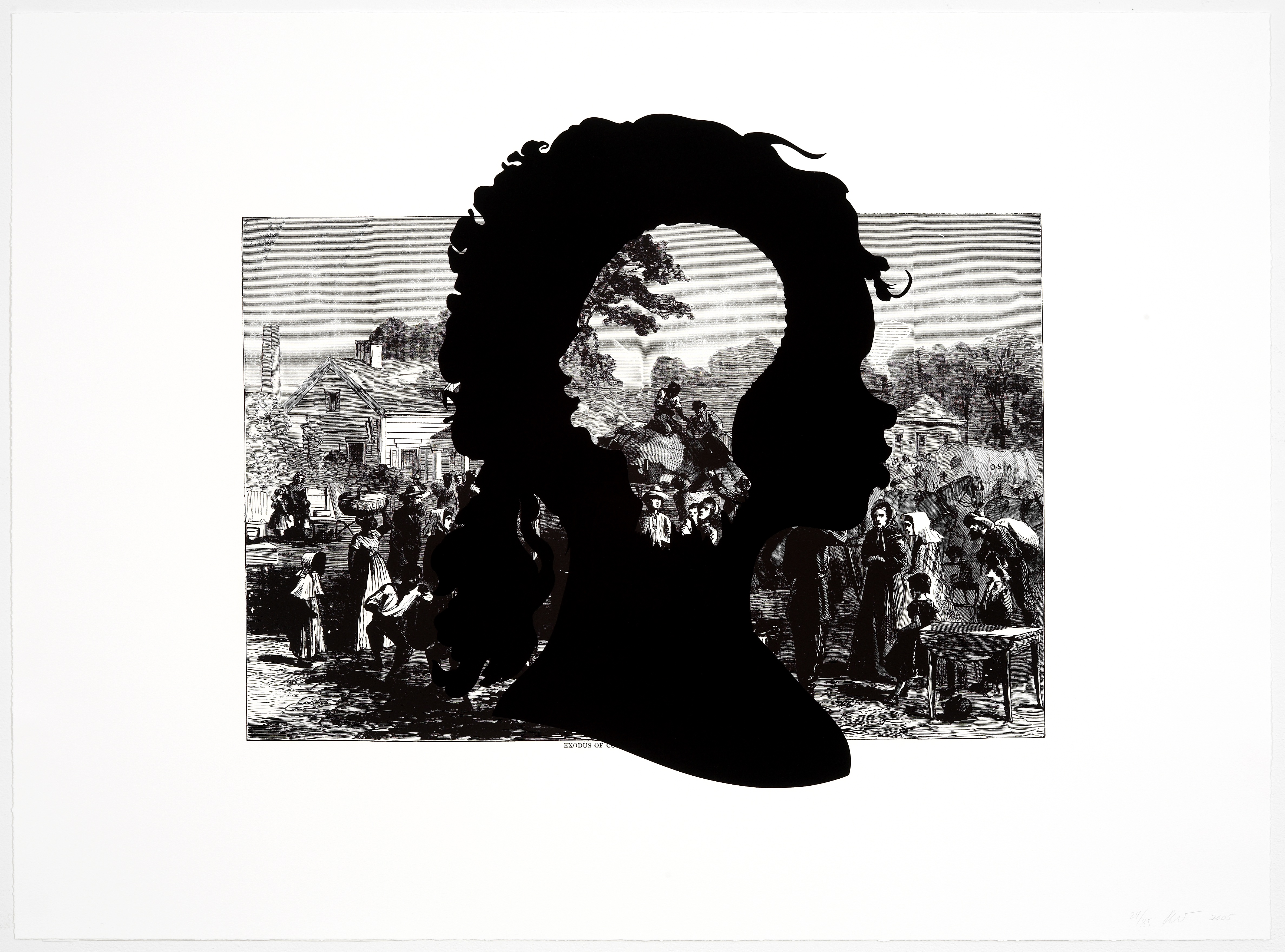 A silhouette of faces is overlaid against a lithograph illustration of a battlefield