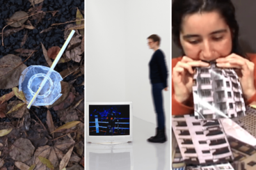 A plastic straw and lid on some leaves, a person next to a computer, and a person with a photo held to their mouth