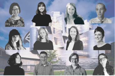 Composite graphic with black-and-white headshots of previous years' O'Brien Curatorial Fellows' headshots against a background image of the Weisman Art Museum