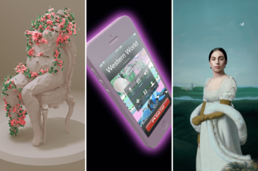left: headless statue covered in flowers, center: smartphone reading "Western World," right: painting of young woman wearing white with moon in background