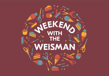 text "weekend with the wesiman" on maroon background surrounded by craft supplies and cake