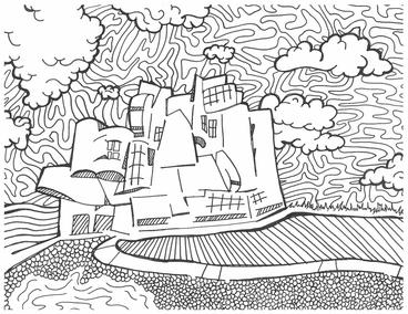 A coloring book iteration of the Weisman Art Museum by Elise Armani.