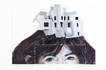 drawing of the weisman building on top of a person's head