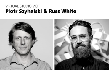 Piotr Szyhalski & Russ White portraits with text "Virtual Studio Visit Piotr Szyhalski & Russ White"