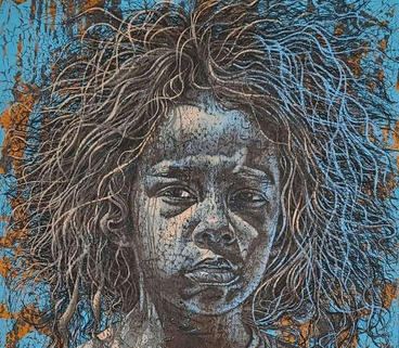 A painting featuring a Black skinned child with wild hair casting shadows in serpentine lines across the surface of the canvas. The main colors in the image are blue, black/gray, and peach. 