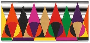 36 × 80 × 1 1/4 in. abstract painting dominated by triangles, circles, and rectangular shapes. The "background" of the composition is a black and white striped plane while the foreground features imposing triangular figures with circular "bellies". The composition makes prolific use of simultaneous contrast by employing highly saturated red, yellow, orange, green, and magenta colors next to each other.  