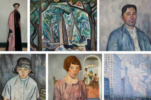 A collage of various Nordfeldt paintings including portraits and landscapes.