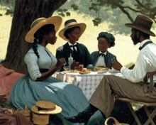 An AI generated image of four Black individuals sitting at a picnic table. They are dressed in early 19th century attire. The image is reminiscent of a Winslow Homer painting. 