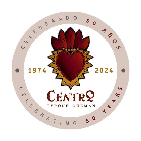 Flaming heart, with a banner reading 50 Years, and logo text, Centro Tyrone Guzman