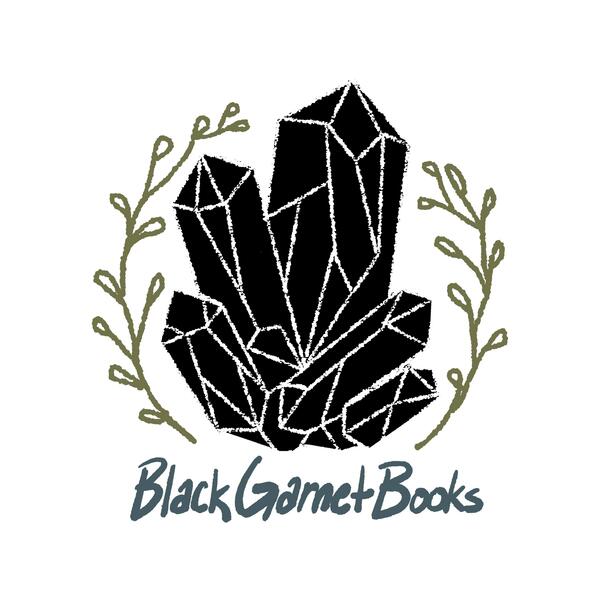 A cluster of black crystals, surrounded by a border of vines. Below, read: Black Garnet Books